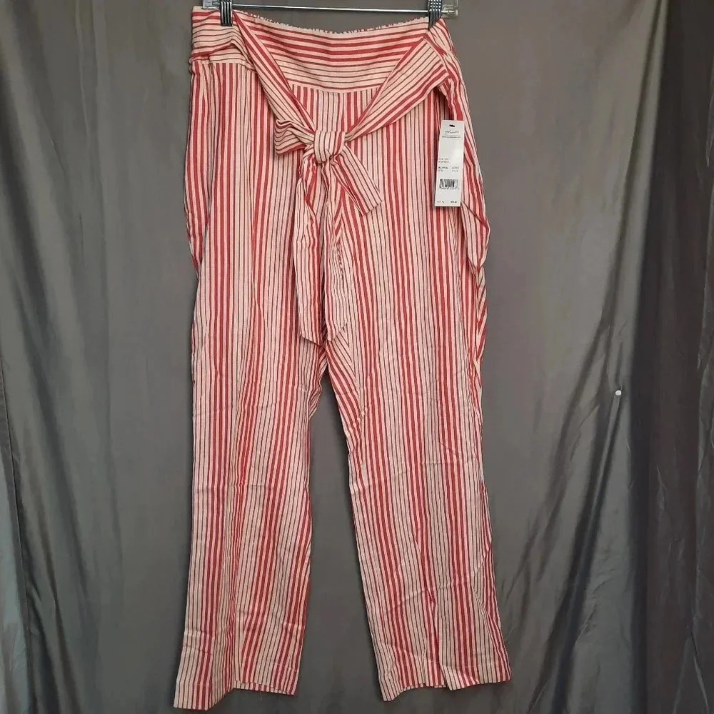 NWT Ny Collection Lt. Rd Ivory Striped Linen Blend Pants Elastic Waist Womens XL
